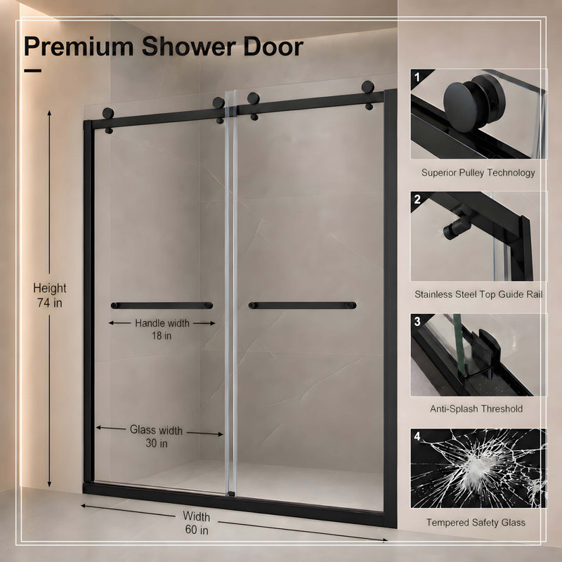 Porte de douche coulissante double sans cadre l 60 po x H 74 po avec verre trempé transparent de 8 mm noir mat