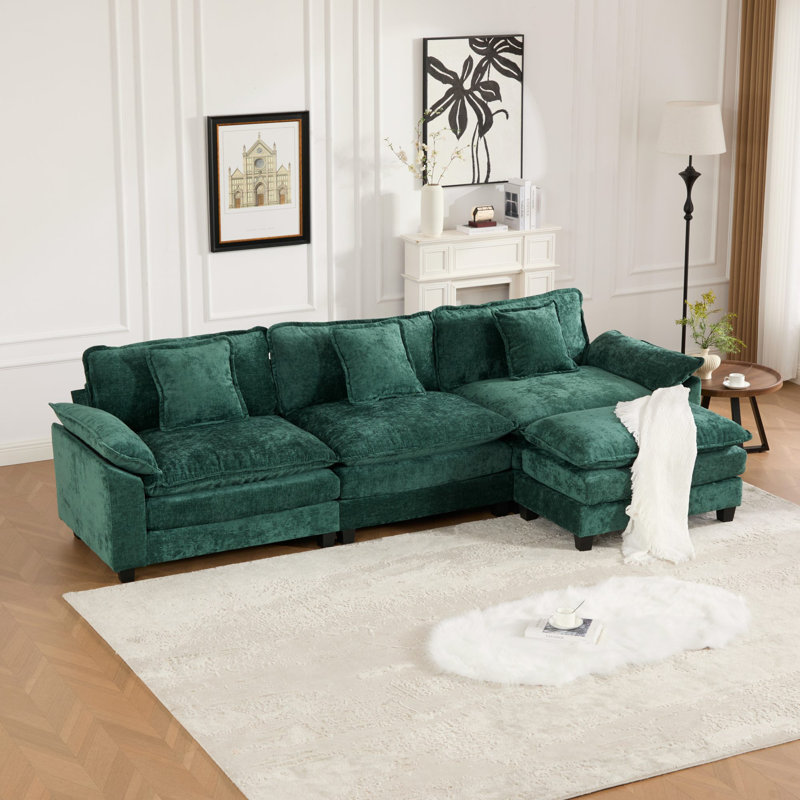 Canapé modulaire en forme de L Grid, canapé surdimensionné avec repose-pieds Cloud, Chenille verte