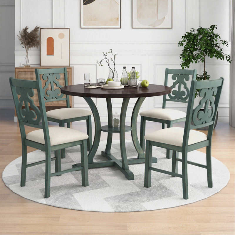 Table de salle à manger 5 pièces et 4 chaises en tissu avec pieds de table et tablette de rangement (bleu antique / brun foncé)