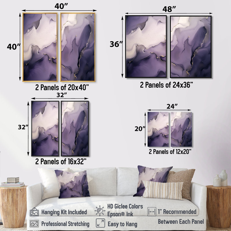 Nuage d'encre mauve et gris mauve - art mural moderne mauve 2 panneaux, Noir, H 36 po x l 48 po
