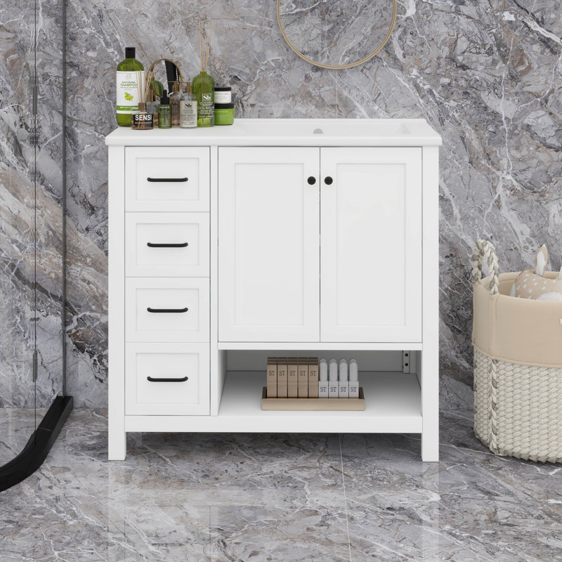 Meuble-lavabo 36 po avec comptoir d'évier, meuble-lavabo avec deux portes et deux tiroirs, Blanc