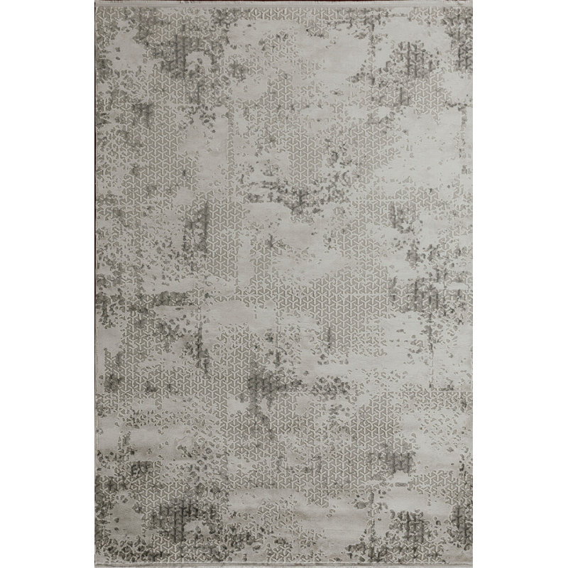Tapis abstrait gris et blanc 7 pi x 10 pi avec franges