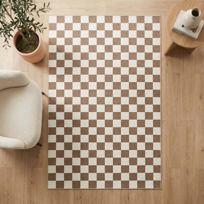 Tapis géométrique à carreaux crème et brun (2,6 pi x 4,9 pi), Brun