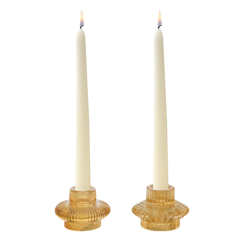Glass Yellow Taper Candle Holder, Gold, Glass, Set of 2, Tabletop, Mantel, Living Room, Spring, Home Decoration