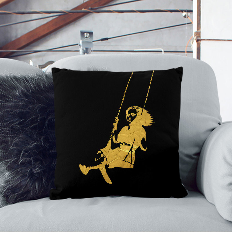 Banksy In Gold Girl On Swing Square Throw Cushion, 55cm H x 55cm W x 20cm D, Stone