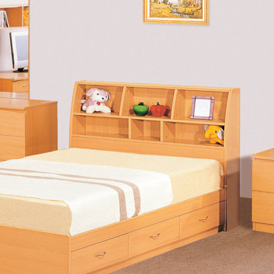 Tête de lit pleine grandeur pour bibliothèque avec panneau à deux tablettes et cinq pieds courbés de couleur hêtre pour plus de style et d'espace de rangement