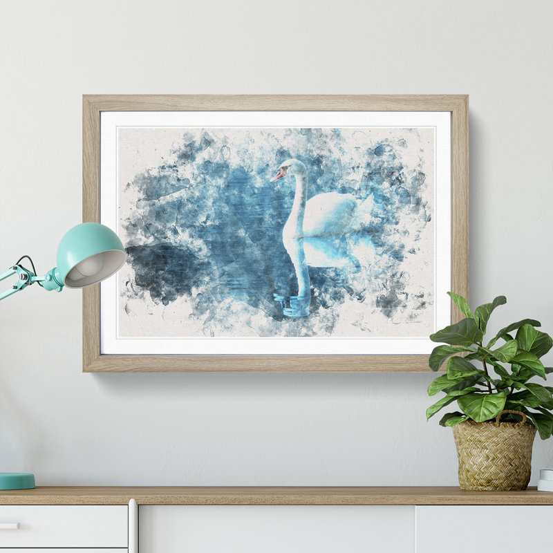 White Swan on a Blue Lake Watercolour - Picture Frame Graphic Art Print on MDF, 36cm H x 48cm W x 2cm D, Oak Framed