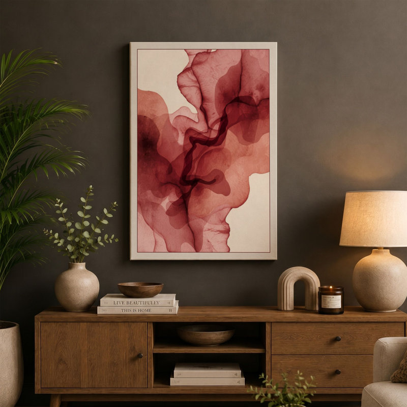 Crimson Flow Abstract - Wrapped Canvas, 36x24 - 91.4 x 61.0 cm, Cream Border