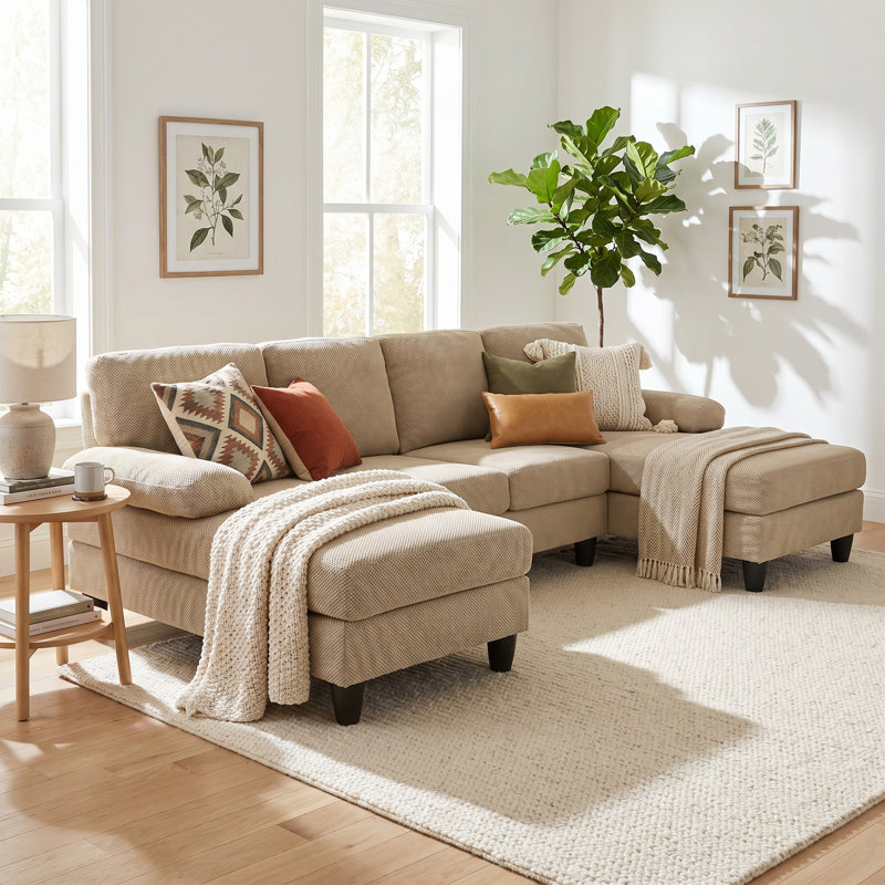 Canapé modulaire en U de 104 po, canapé 4 places Mid-Century moderne avec méridienne double et accoudoirs moelleux, revêtement en polyester texturé, conception à pieds hauts pour un nettoyage facile, assise profonde et douce