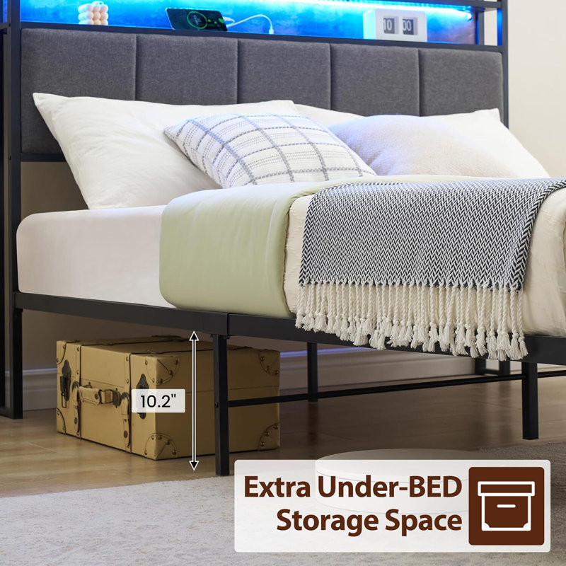 Bed Frame With Headboard, USB & Type-C Charging Station, Queen