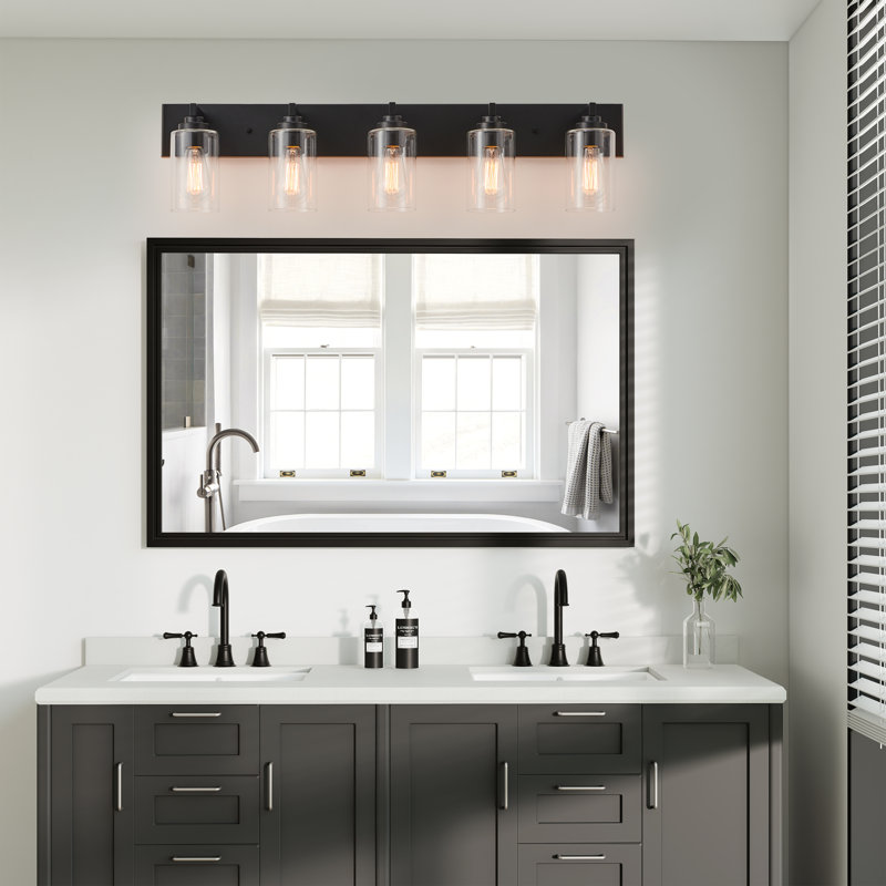 Éclairage de meuble-lavabo transitionnel à intensité variable, 5 lumières, Noir mat, 36,25 po de largeur