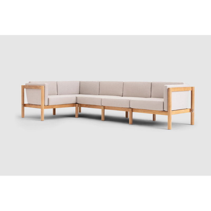 Haven Teak Outdoor Sectional With Sunbrella Cushions In Graystone, Sunbrella Ashe, 5