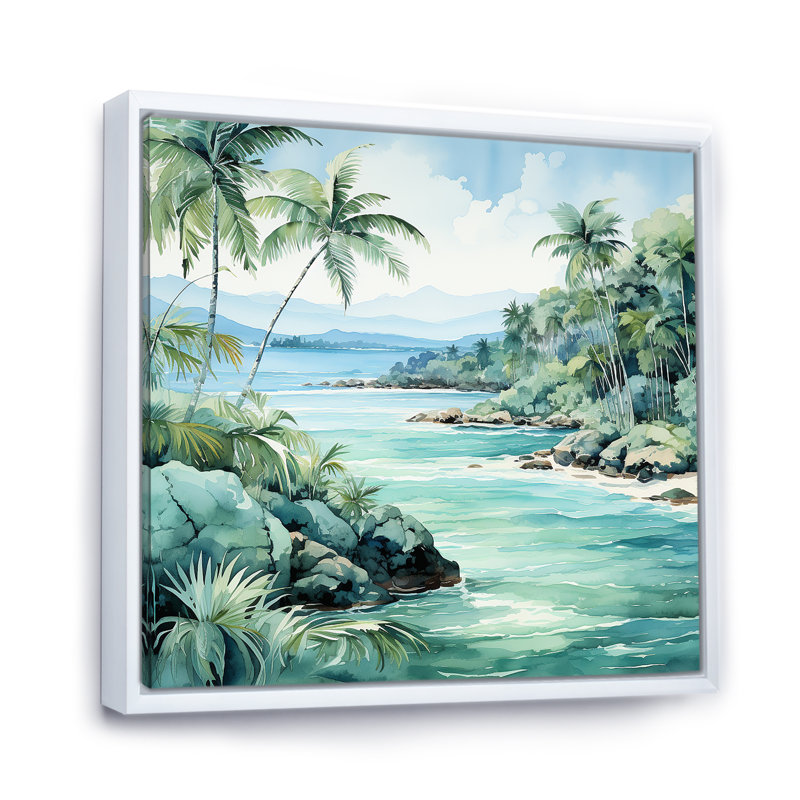 Tropical Beach Escape 1 - Art mural côtier tropical, Cadre flottant blanc, H 36 po x l 36 po