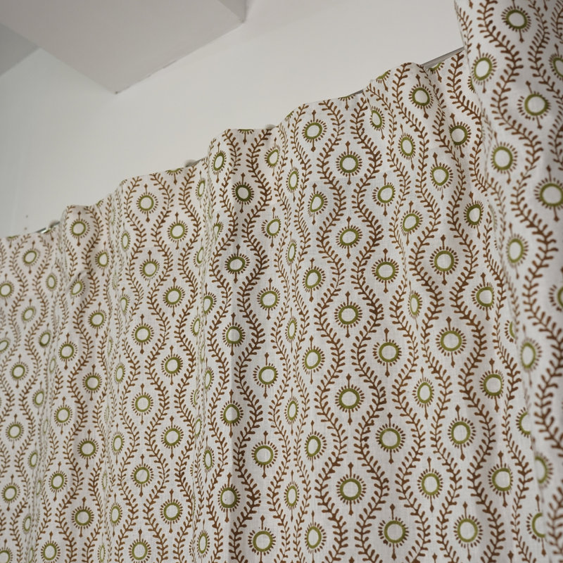 Green & Brown Handmade Block Print Curtain Lehar Design Linen Drapes for Elegant Home Décor, 54" W x 24" L