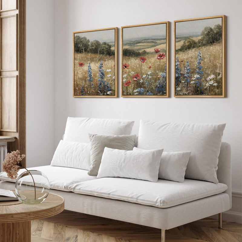 " Rural Splendor Delicate Wildflowers In Meadow Rustic Landscape Illustration Rustic Decor Multicolor " 3 - Pieces, Natural