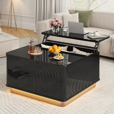 Table basse à plateau relevable moderne de 35 po avec rangement, table basse carrée à DEL avec port de chargement et base de bloc pour le bureau à domicile