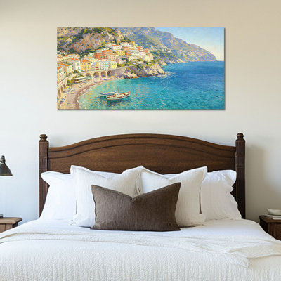 Art mural sur toile de la côte Amalfi de Timuba - peinture méditerranéenne de l'Italie, image côtière pour le salon, œuvre de plage vibrante pour le bureau de la chambre du salon, toile tendue avec cadre en pin, 12 po x 24 po