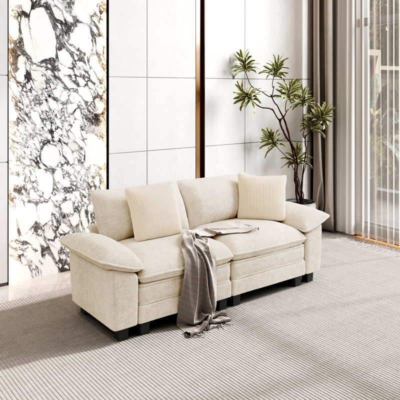 2 Seater Chenille Chaise End Sofa, Ivory Chenille