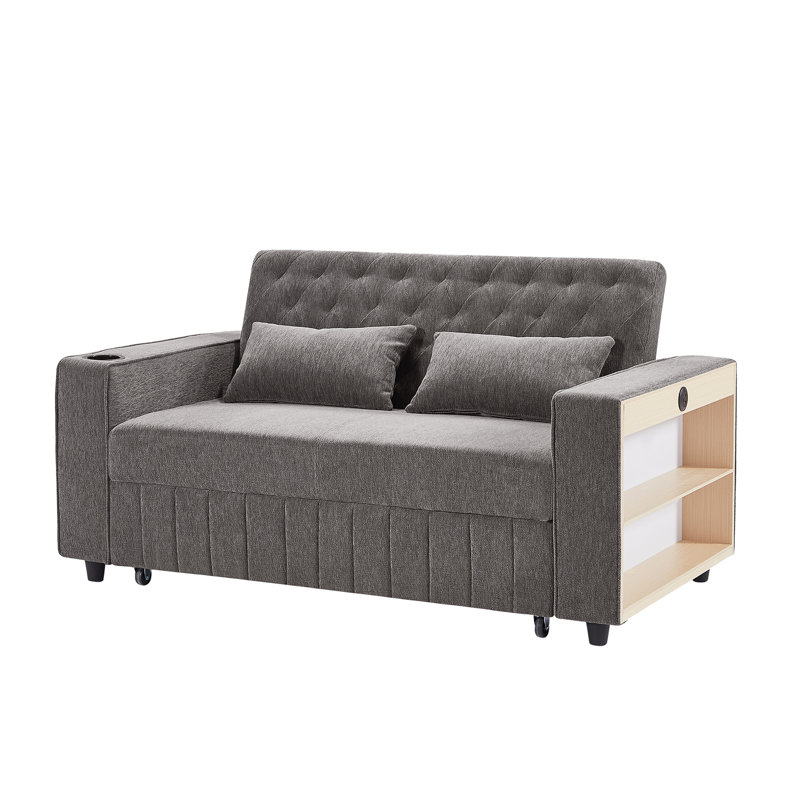 Canapé-lit coulissant, dossier réglable à 3 positions et ports USB, Gris
