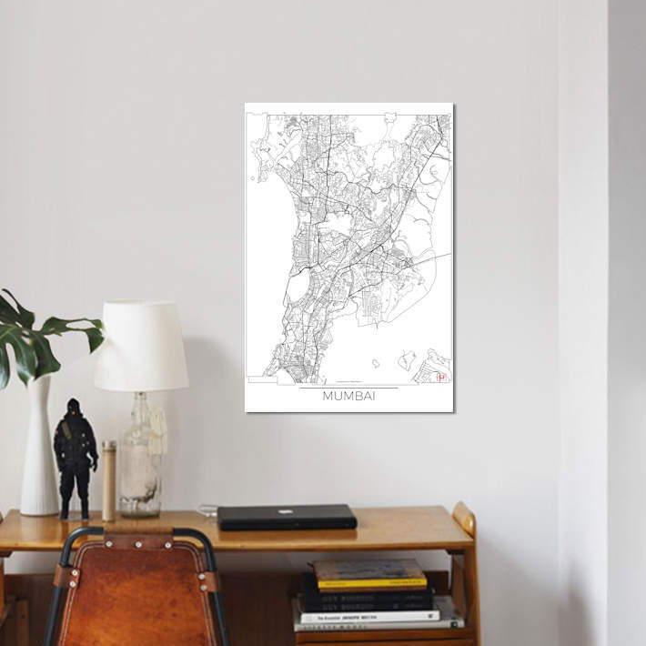 «Mumbai Minimal Urban Blueprint Map», impression sur toile, H 60 po x l 40po x P 1,5 po, Toile tendue, Pas de tapis