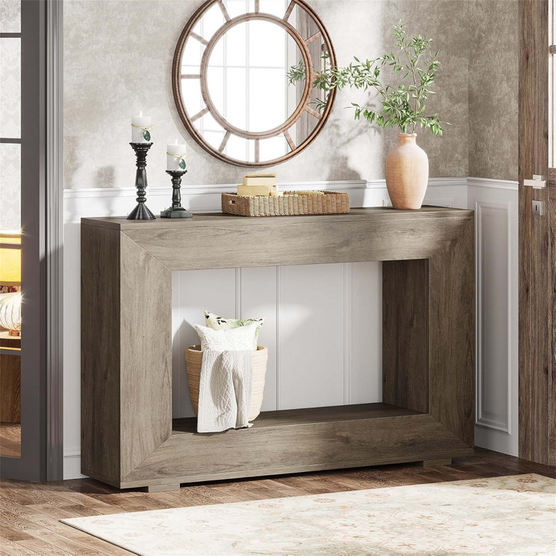 Console 47 po gris Farmhouse - Finition grain de bois rustique avec pieds en métal industriels et tablette de rangement ouverte