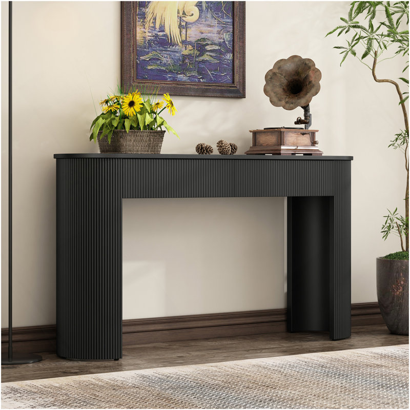 Table d'entrée avec design cannelé, console moderne avec rangement, plateau ovale et 2 tiroirs pour l'entrée et le salon (noir)
