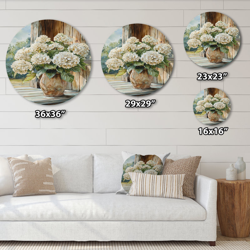 Farmand Hydrangeas Pot In The Summer Breeze - Hydrangea Round Metal Wall Art, H 36 po x l 36 po