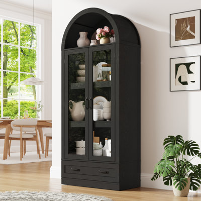 75" Tall Arched Kitchen Pantry Cabinet With Load-Bearing Steel Pipe, Farmhouse Wooden Storage Organizer with Glass Door and Drawer, Tall Arched Bookcase for Dining Room, Living Room, Black