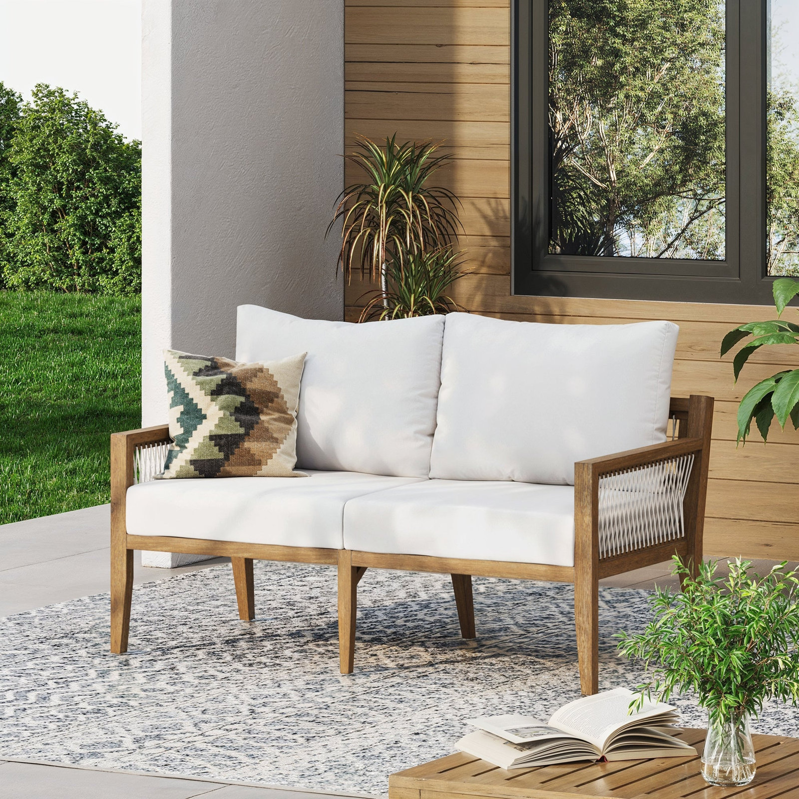Rooney 56" Acacia Patio Loveseat, White, Brown/White