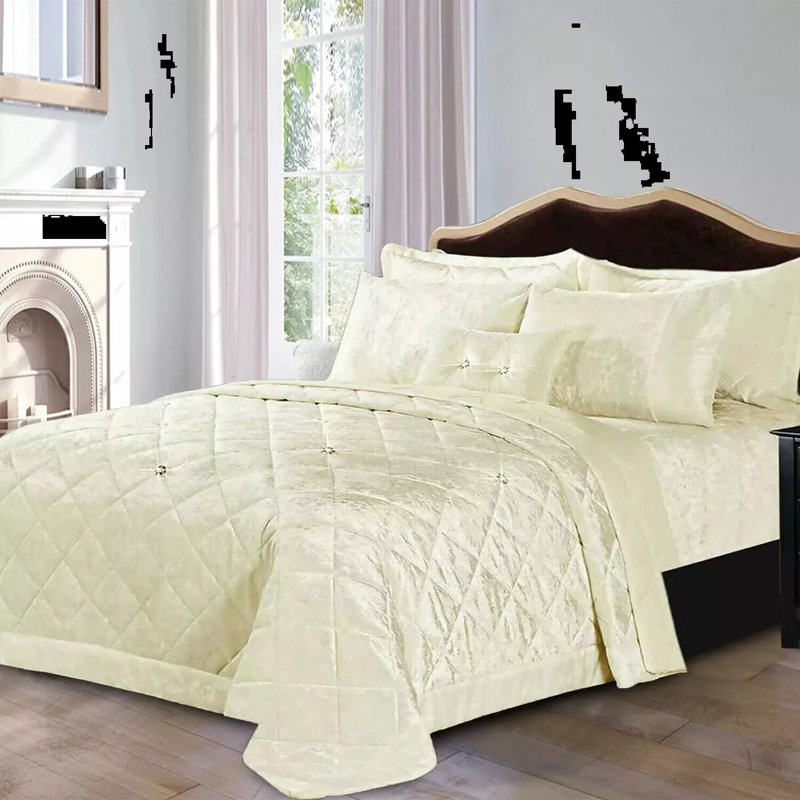 Velvet Bedspread with Pillow Shams Included, Beige, Super King Bedspread+ 2 Standard Shams