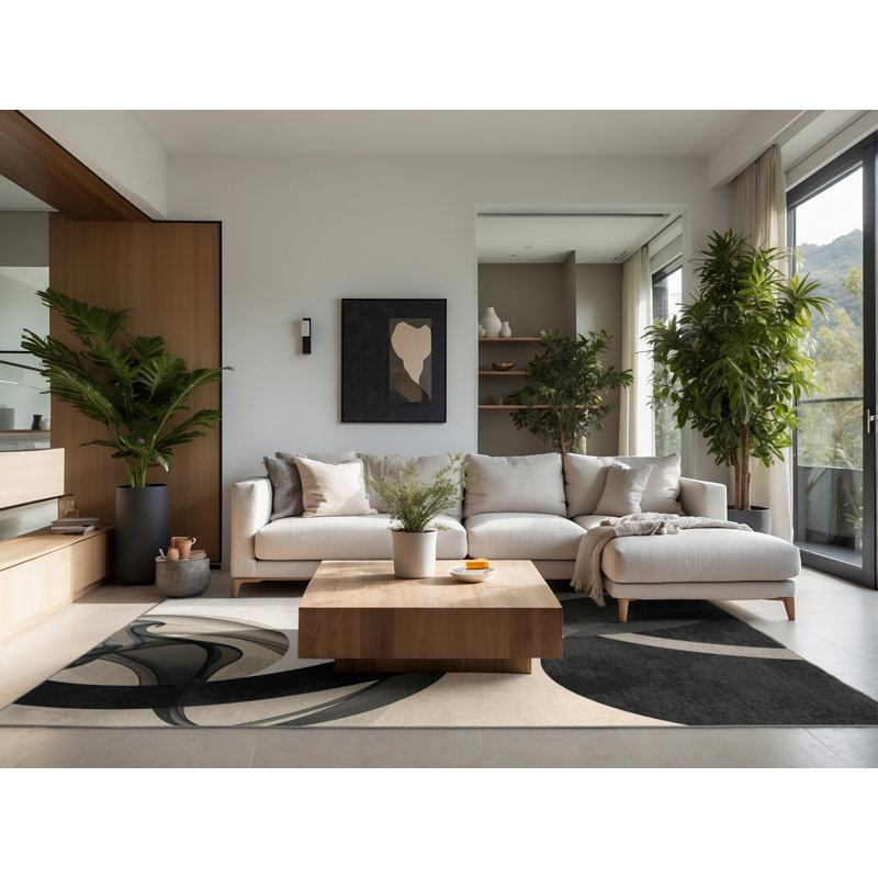 Soft Plush Ealey Sleek & Chic Modern Arc Area Rug in Brown – Grey Binding, 8x12