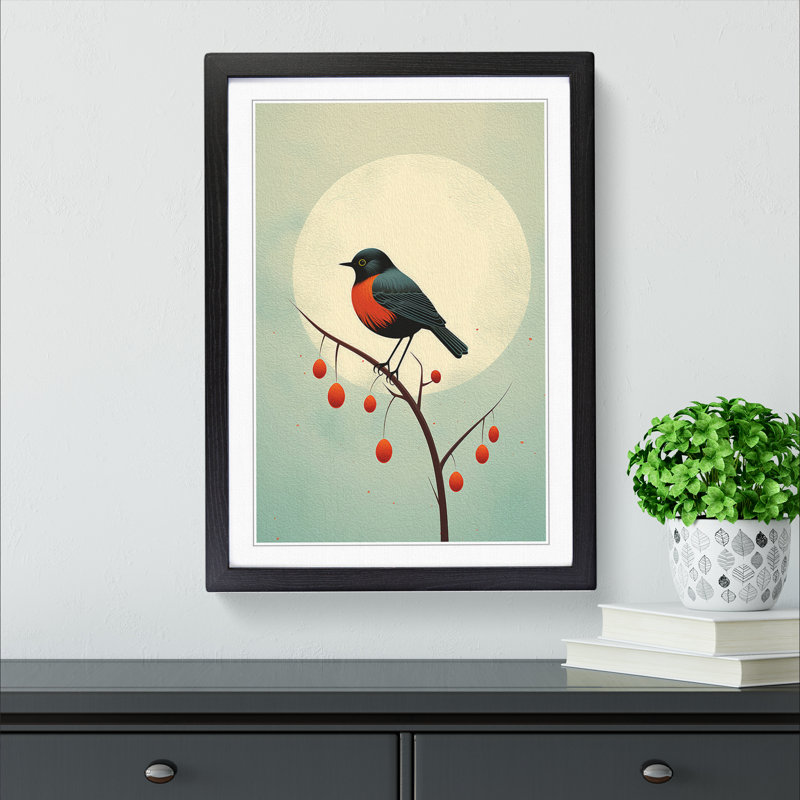 Robin Bird Minimalism - Single Picture Frame Print on Wood, 46cm H x 34cm W x 2cm D, Black Framed