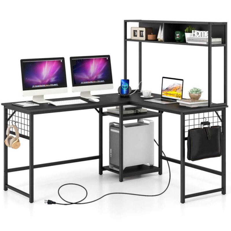 L-Shaped Desk With Power Outlet Hutch, Black