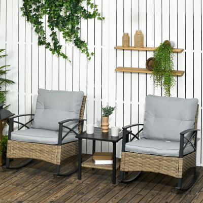 Backyard Rocking Chair Patio , 2 Cushioned Porch Rockers & Tier Coffee Table In Gray For Garden, Porch, Heat- . 3 Piece With Cushions