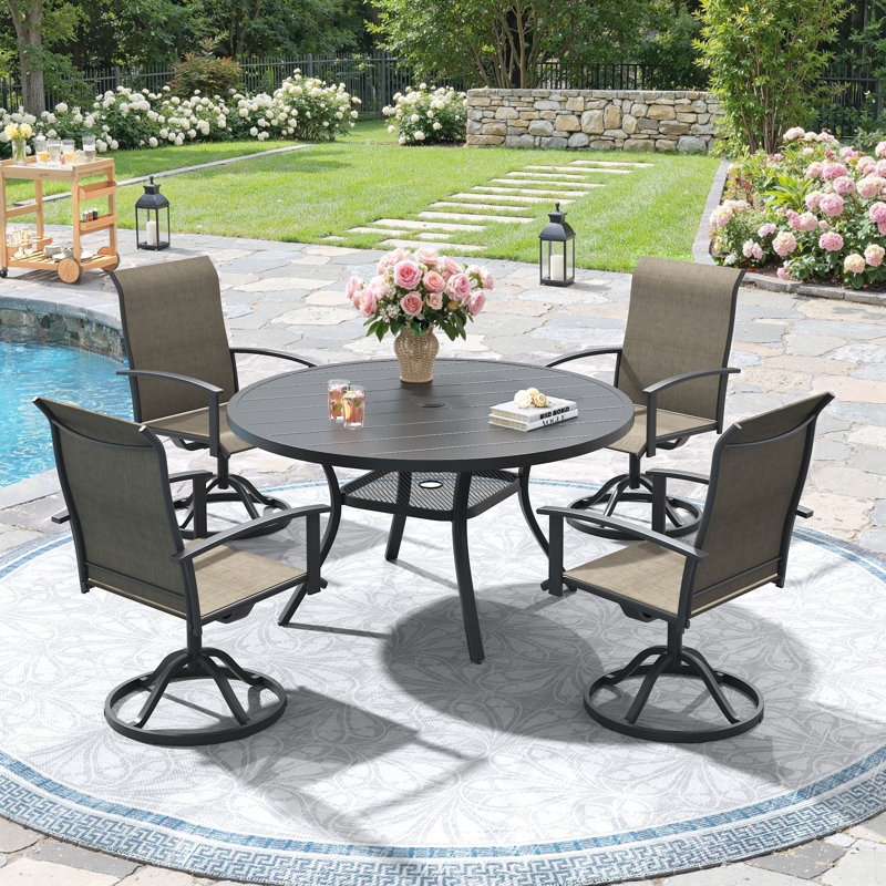 Ensemble de salle à manger pour 4 personnes avec table ronde en métal et chaises pivotantes PVC-coated polyester, Noir / brun