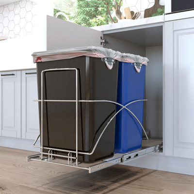 15.3 Gallon Dual Compartment Under Cabinet Open Pull Out Trash Can, Kitchen Cabinet Slide-Out Recycling
