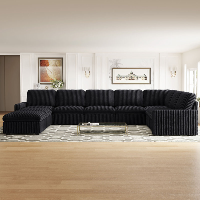 Oversized U Shaped Modular Corner Sectional Sofa With Storage Ottoman, Black Corduroy