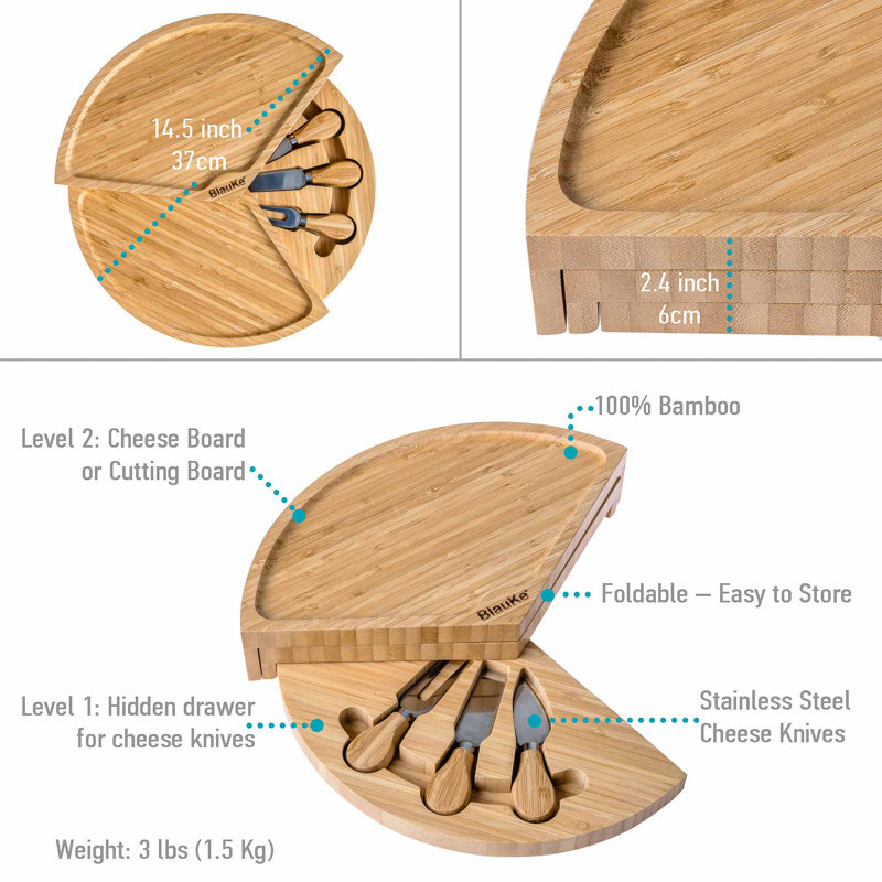 Bamboo Cheese Board and Cheese Tool Set - 37cm Round Charcuterie Board with Slide-Out Drawer - Wooden Cheese Board Gift Set