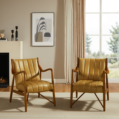 Genuine Leather Tufted Accent Armchair With Solid Wood Frame