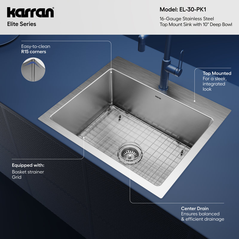 Karran 16-Gauge Stainless Steel 25'' X 22'' Single Bowl Drop-in Kitchen Sink Kit