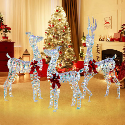 3-piece Large Lighted Christmas Reindeer Family With Led Lights & Bows Buck