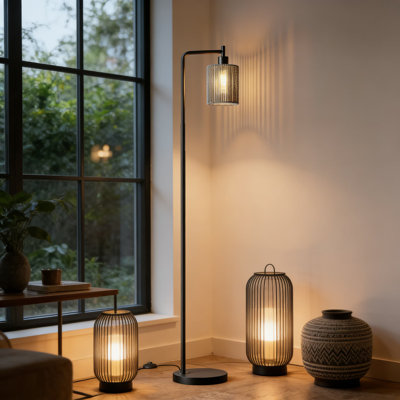 66-Inch Industrial Floor Lamp With LED Bulb And Foot Switch, Farmhouse Standing Lamp With Rattan Shade For Living Room, Bedroom, Office, And Study