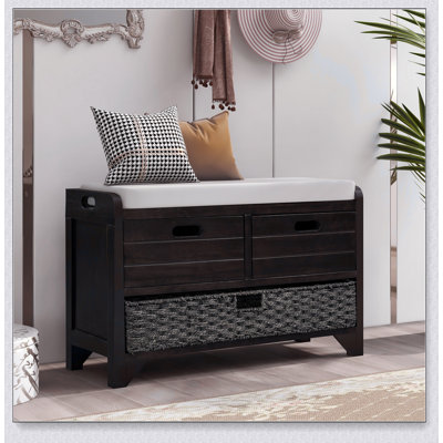 Storage Bench with Removable Basket and 2 Drawers, Fully Assembled Shoe Bench with Removable Cushion (Espresso)
