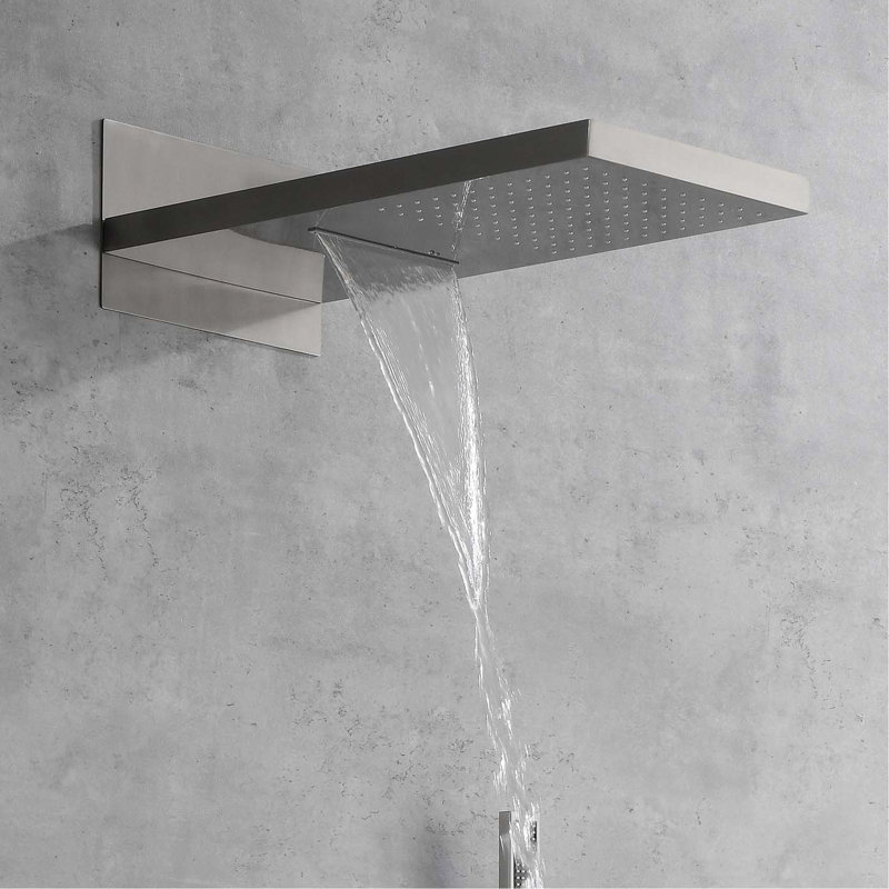 Bathroom Shower System With Brushed Nickel Wall Mounted Waterfall Head Rain Dual & Rainfall Drops Flow