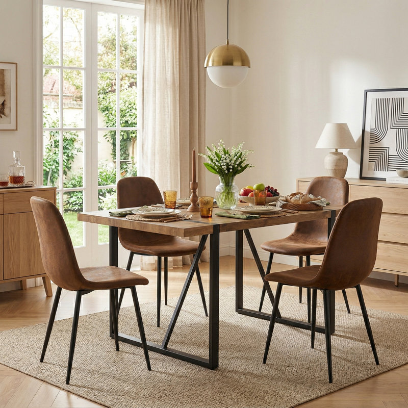 5-Piece Modern Industrial Rectangular Wood Dining Set with Upholstered Chairs, Brown, 5 Pieces: Table, 4 Chairs