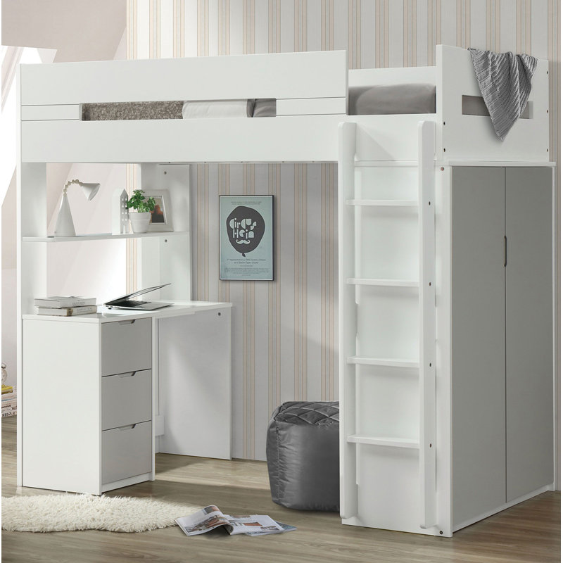 Oregon Twin 3 Drawer Loft Bed with Bookcase by Isabelle & Max, White/Gray