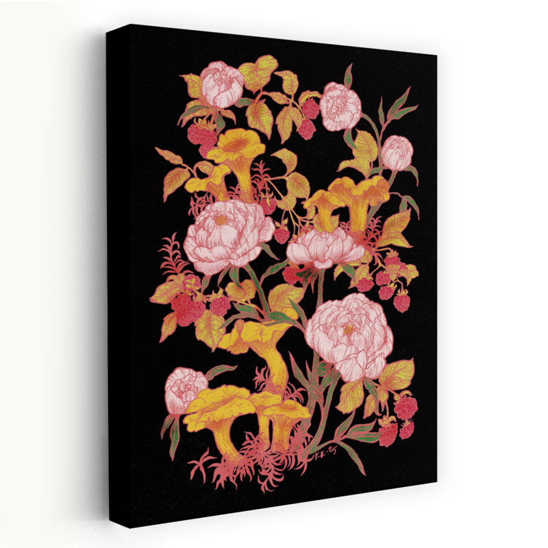 Forêt, pivoines et chanterelles, art mural élégant et rustique, H 18 po x l 12 po