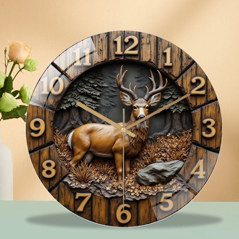 Horloge murale de cerf avec motif de forêt rustique - Horloge murale moderne en verre 12 po