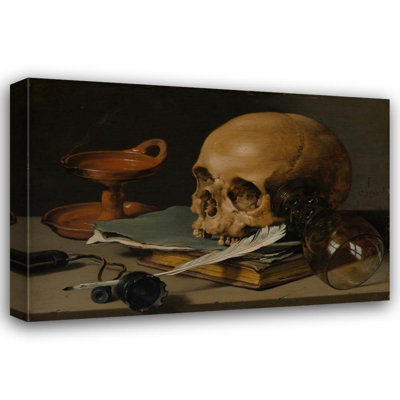 "Still Life with a Skull and a Writing Quill" by  Pieter Claesz - Gallery Wrap Canvas Wall Art