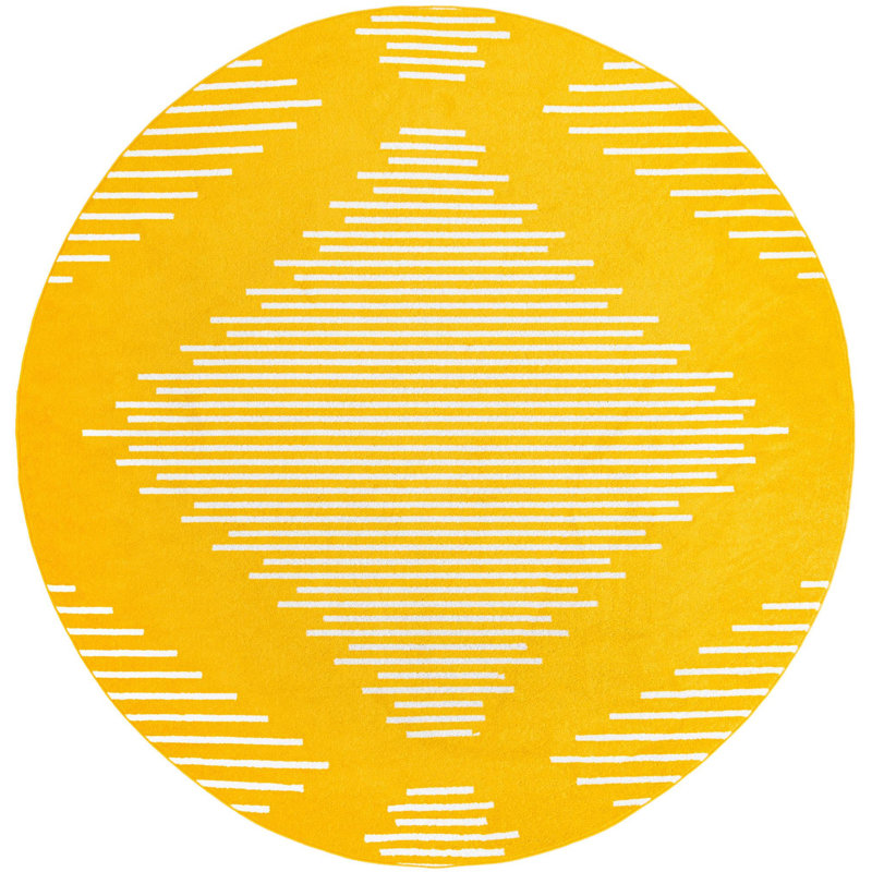 Tapis géométrique jaune en polypropylène tissé à la machine, Rond 9 pi 10 po